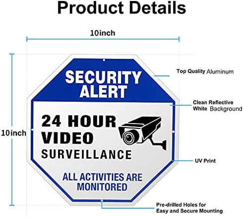 Video Surveillance Signs Outdoor - 10" x 10" Aluminum Rust Free Security Signs for Property, Metal Warning Sign for Home Business CCTV Security Camera - 2 Pack/Blue