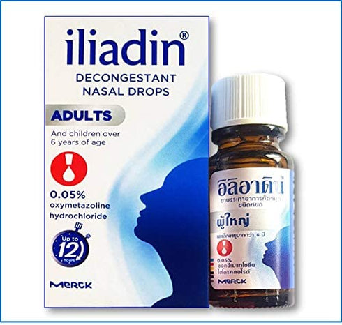 Iliadin Nasal Decongestant Drops 0.05% for Adult and Childern Over 6 Years of Age (0.34 Ounces with Dropper Cap) Composition: 0.05% Oxymetazoline Fast Relieves Nasal Congestion and Its Effect Persist