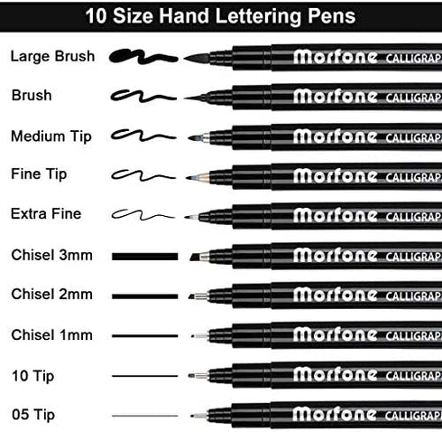 Morfone 10 Size Hand Lettering Pens Calligraphy Brush Pens Black Ink Markers Set Art Kit for Beginners, Hand Writing, Drawing, Sketching, Journaling, Illustrations