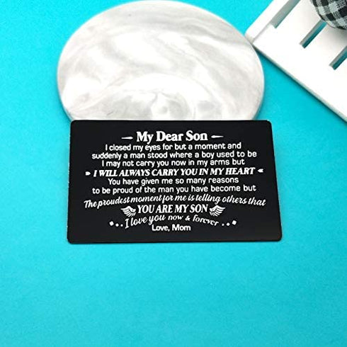 Son Gifts from Mom Engraved Wallet Insert Card for Son Christmas Birthday Gifts Inspirational Gifts for Son Graduation Gifts Wedding Day Gifts Encouragement Gifts for Son