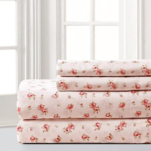 Amrapur Overseas | Luxuriously Soft 4-Piece 100% Microfiber Rose Printed Bed Sheet Set (Blush, Full)