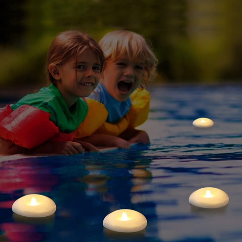 (Pack of 4) 3" Wax Flicker LED Water Floating Candle with Warm White Light Battery Operated Flameless LED Floating Candles for Centerpiece Swimming Pool or Bathtub Decor (Warm White)