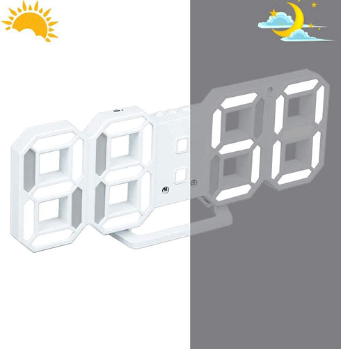 Petilleur 3D Digital Alarm Clock,Wall LED Number Time Clock with 3 Auto Adjust Brightness Levels,Led Electronic Clock with Snooze Function,Modern Night Light Clock Date,Temperature Display (White)