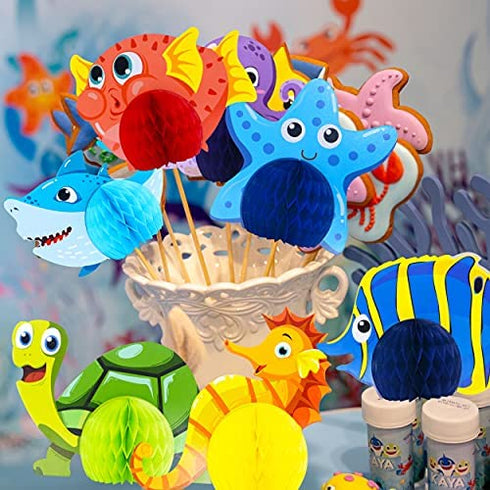 15 Pieces Sea Animal Honeycomb Centerpiece, Ocean Themed Marine Creature Decoration Table Honeycomb Party Supplies for Party Table, Birthday, Baby Shower Blue