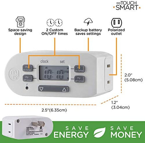 myTouchSmart Indoor Digital Plug-in Timer, 1 Outlet Polarized, 4 Programmable On/Off Buttons, Space Saving Bar Design, for Lamps, Seasonal Lighting, and Other Small Appliances, 36253, 1 Pack, White