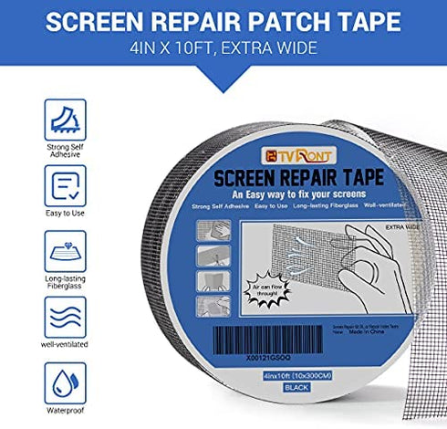 Window Screen Repair Kit Tape: 4inx10FT Screen Patch Repair Kit, Well Ventilated, Strong Adhesive Fiberglass Covering Mesh Tape for Window Door Tears Holes (Black)