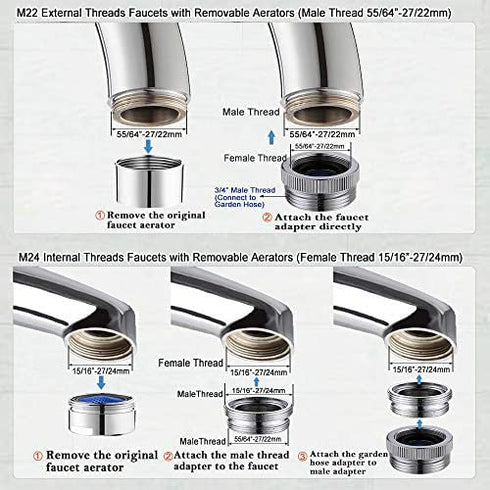 Brass Garden Hose Adapter with Aerator, Kitchen Sink Faucet Adapter to Garden Hose for Female 55/64-Inch to Male 3/4-Inch, Polished Chrome