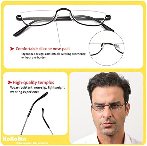 KoKoBin Half Reading Glasses - 2 Pairs Half Rim Metal Frame Glasses Spring Hinge Readers for Men and Women, Black+Gunmetal 2.00
