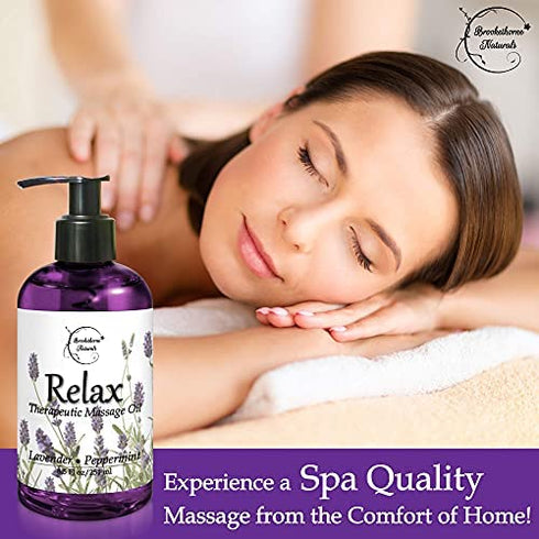Relax Therapeutic Body Massage Oil - with Best Essential Oils for Sore Muscles & Stiffness – Lavender, Peppermint & Marjoram - All Natural - with Sweet Almond, Grapeseed & Jojoba Oil 8oz