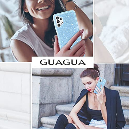 GUAGUA Compatible with Samsung Galaxy A32 Case 5G Glitter Sparkle Bling Shiny Hybrid Cover for Girls Women with Extra Finger Ring Kickstand Shockproof Protective Phone Case for Samsung A32 Blue