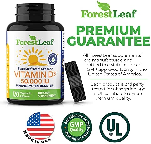 ForestLeaf - Vitamin D3 50,000 IU Weekly Supplement - 120 Vegetable Vitamin D Capsules for Bones, Teeth, and Immune Support - Easy Swallow Pure Vitamin D3 50000 IU- Non GMO Pills