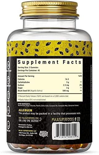 MAJU's Black Seed Oil Gummies 90ct, World's 1st, 2.5X Oil Per BSO Gummy, Black Cumin Seed Nigella Sativa Oil, Cold-Pressed, Potent Formula with Cinnamon Extract, Tasty, 500mg Gummies 90ct