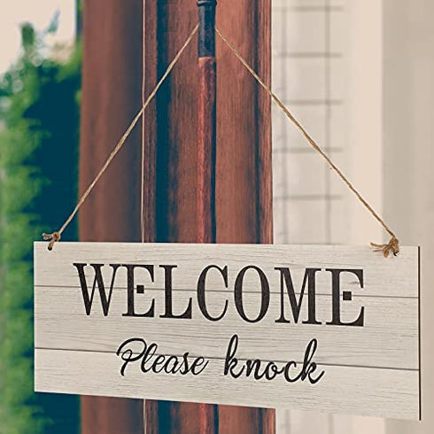 1 Piece Double-side Meeting In Progress Please Do Not Disturb, Welcome Please Knock Hanging Wooden Sign Plaque, In a Meeting Sign for Office Door Meeting Room Home Study, 16 x 6 Inch (Brown and White)