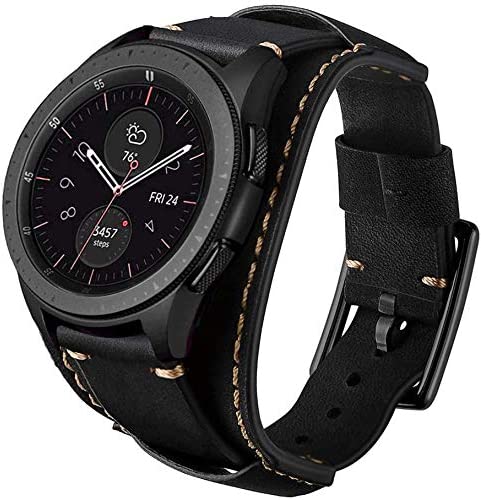 CooBES Compatible with Samsung Galaxy Watch 46mm/Galaxy Watch 3 45mm/Gear S3 Frontier/Classic Bands, 22mm Genuine Leather Cuff Bracelet Replacement Strap with Stainless Steel Buckle Men Women (Black)