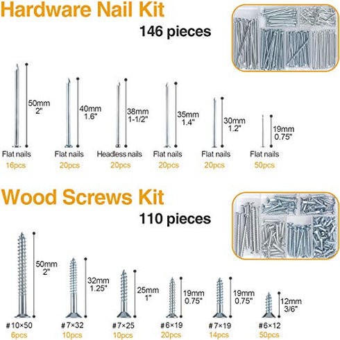 KURUI Hanging Nails and Wood Screws Assorted Kit 256PCS, 110 Philips Flat Head Screws and 146 Picture Hanging Nails, 6 Sizes Small Nails and Small Screws Assortment with Organizer Box