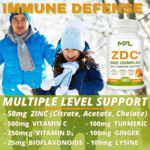 CDZ + Ginger + Lysine + Turmeric |Vitamin C 500mg| Vitamin D3 10,000 IU(250mcg)| Zinc Complex 50 mg| Turmeric 100mg| Lysine 100 mg| Ginger 100 mg| Vegetarian Capsules| 120 Servings