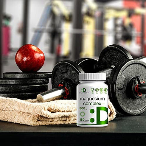 Magnesium Complex Supplement 500mg, 180 Capsules, 5 in 1 Formula, Magnesium Glycinate and Malate, Citrate, Aspartate & Gluconate, Chelated for Absorption, Supports Muscle, Joint Health & Relaxation