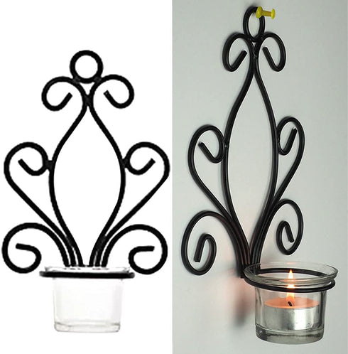 GEZICHTA Wall Candle Sconces, 2pcs 5.58.9inch Candle Sconces Holders with Glass, Tea Light Candle Sconces for Bedroom, Dining, Room, Weddings(Black) free size