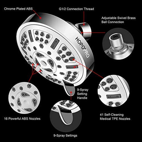 HOPOPRO Upgraded 9 Settings High Pressure Shower Head, Fixed Showerhead Adjustable Bathroom Showerhead Multi-functional Wall Mount Rainfall Showerhead for Low Water Flow