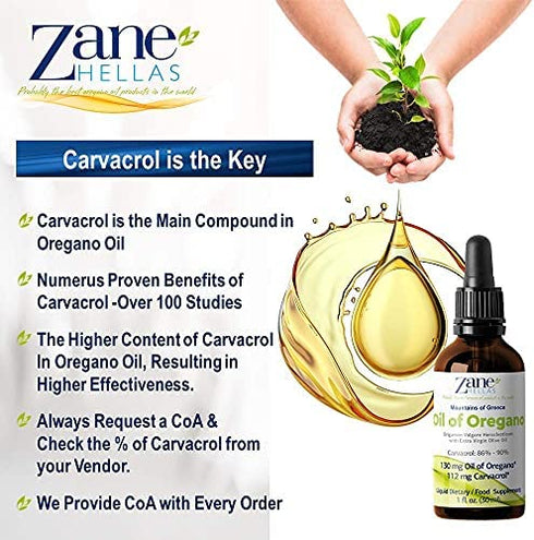 Zane Hellas 70% Oregano Oil. Greek Essential Oil of Oregano .86% Min Carvacrol. 112 mg Carvacrol Per Serving. Probably The Best Oregano Oil in The World. 1 fl. oz.- 30ml