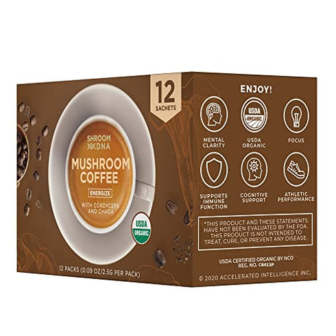 ShroomDNA Organic Mushroom Coffee with Lions Mane and Chaga Mushrooms, Instant Coffee. Instant Focus + Clarity All Day. Vegan, Gluten Free,No Added Sugar | USDA Certified Organic (12 Count Pack)