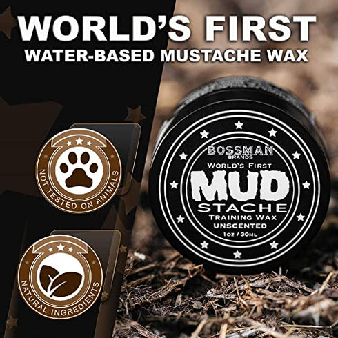 Bossman MUDstache Unscented Mustache Wax – No Pull - Spreads Easy for a Strong Non-Tacky 24 hr Hold - Tame, Train and Stye - Moustache Wax for Men (1oz)