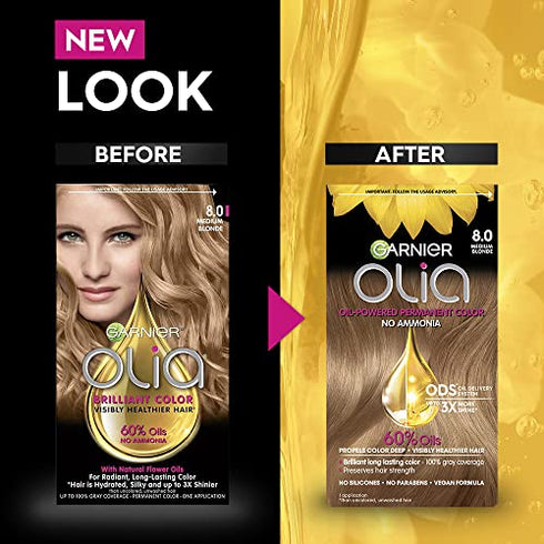 Garnier Hair Color Olia Ammonia-Free Brilliant Color Oil-Rich Permanent Hair Dye, 8.0 Medium Blonde, 2 Count (Packaging May Vary)