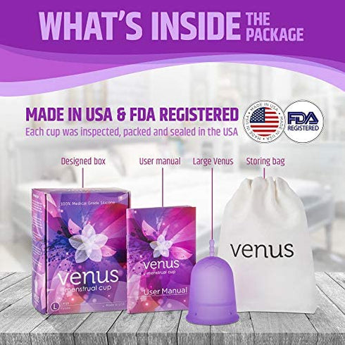 Venus Large Menstrual Cup – High Capacity for Heavy Flow – Made in USA – 100% Medical Grade Silicone Reusable Period Cup – for High Cervix - Unique Design to Ease Your Period Cycle | Purple