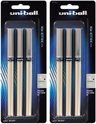 Uni-Ball Deluxe Rollerball Stick Pens, Fine Point 0.7mm, Black Ink, Champagne Gold Barrel, Pack of 6