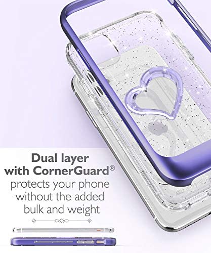 VENA vLove Glitter Clear Case Compatible with Apple iPhone 11 (6.1"-inch 2019), Heart Shape (CornerGuard Protection) Dual Layer Slim Hybrid Clear Bumper Case Cover - Purple