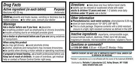RELIABLE 1 LABORATORIES Meclizine 25 mg Generic Bonine Motion Sickness (100 Chewable Tablets, 1 Bottle) - Prevent nausea, vomiting, and dizziness caused by motion sickness