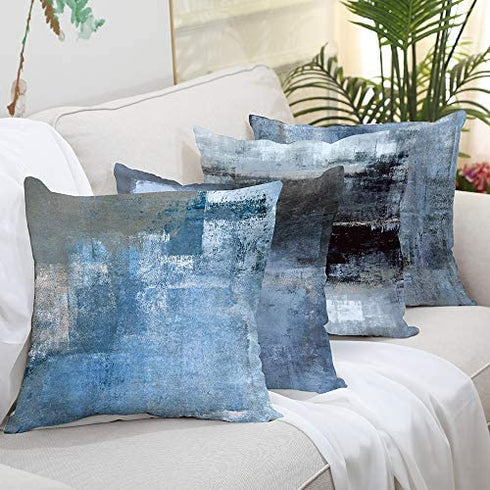 GALMAXS7 Blue Grey Decorative Throw Pillow Covers Modern Abstract Art Soft Velvet Pillow Covers Sofa Pillow Case Square Cushion Covers for Couch Bedroom Living Room 18X18 inch Set of 4