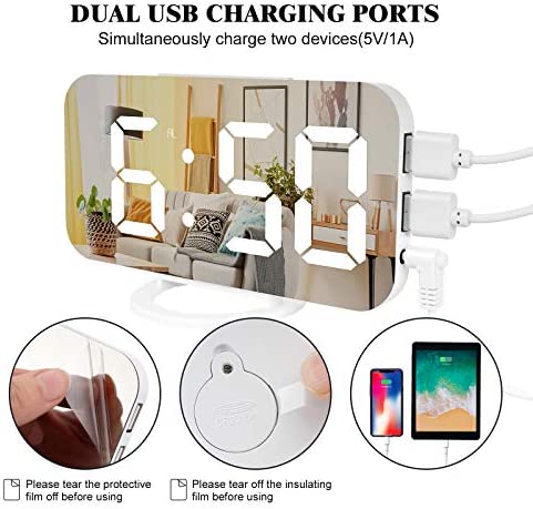 Lamisola Digital Alarm Clock, Large LED Mirror Display, 2 USB Charging Ports?Auto Dim Mode?Modern Design Clock for Bedroom Office, White