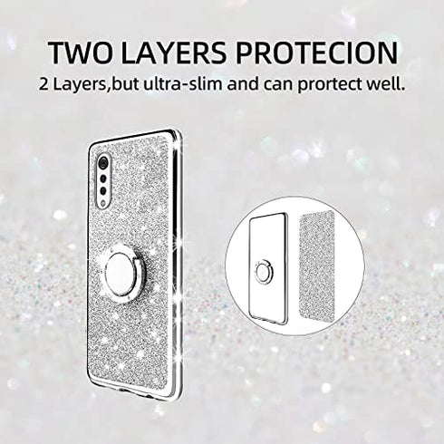 for LG Velvet 5G Case (LM-G900), LG Velvet 5G UW Case Glitter Luxury Sparkles TPU Silicone Slim Cute for Women Girls with Kickstand, Bling Diamond Ring Stand & Strap Case for LG Velvet 5G (Silver)