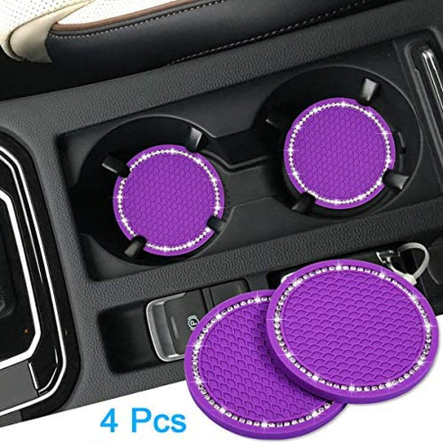 Bling Car Coasters, Wisdompro 4 Pack PVC Car Cup Holder Insert Coaster - Anti Slip Universal Vehicle Interior Accessories Crystal Glitter Cup Mats for Women and Men (2.75" Diameter, Purple)