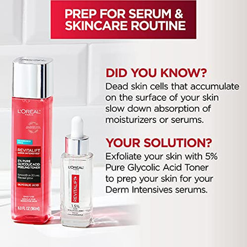L'Oreal Paris Revitalift 5% Pure Glycolic Acid Peeling Toner from Derm Intensives with Aloe Vera, Smooth Skin & Reveal Glow, Daily Exfoliant for Brighter Skin, Fragrance and Alcohol Free, 6 Fl Oz