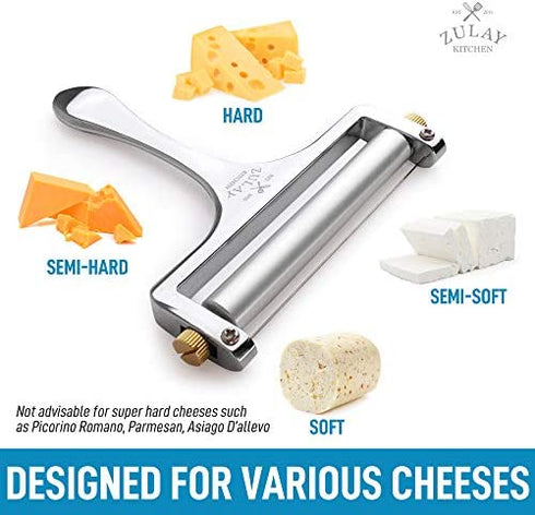 Zulay Cheese Slicer With Adjustable Thickness - Wire Cheese Slicer For Mozzarella Cheese, Cheddar Cheese, Gouda Cheese - Cheese Slicers For Block Cheese Heavy Duty With 2 Extra Wires (Silver)