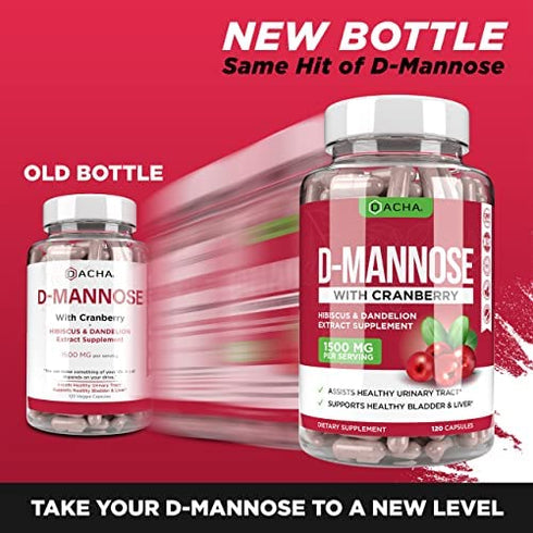 Natural D-Mannose Capsules 4-in-1 Formula - 120 CAPS, 1500 MG Cranberry, Dandelion, Hibiscus Flower Extract, Fast-Acting Pills for Bladder, Urinary Tract Health Support, Flush or Prevent Impurities