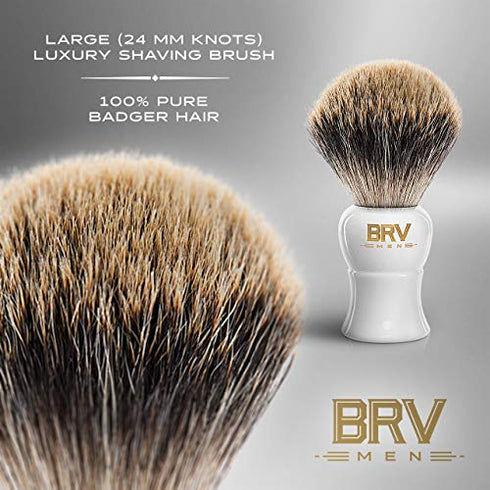 BRV MEN 100% Pure Badger Shaving Brush LARGE (24mm knots) - Heavy Resin Handle - Use with Double-Edge Safety Razor, Straight Razor and Shaving Bowl - White