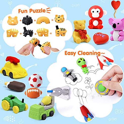 Hekaty 30 PCS Animal Erasers Kid Puzzle Erasers 3D Mini Eraser Toy Food Car Erasers Bulk Desk Pets Classroom Gift Supplies Back to School Supplies Classroom Prizes Treasure Box Party Favors for Kids