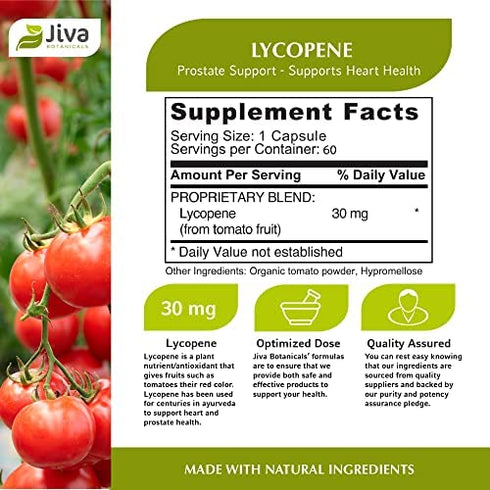 Jiva Botanicals - Lycopene Supplement 30 mg Capsules-Made with Tomato Fruit Extract - Higher Dosage Than Lycopene 20mg and Lycopene 10mg -Support Prostate Health and Heart Function-60 Vegan Capsules