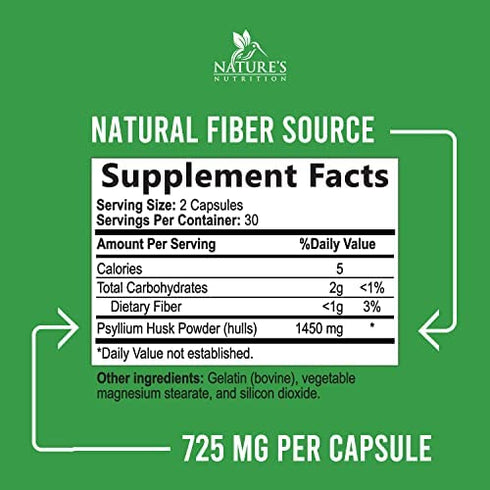Psyllium Husk Capsules 1450mg, Non-GMO Gluten Free Digestive Support Natural Fiber Supplement - Nature's Psyllium Fiber Caps Support Digestion & Regularity for Adult Men and Women - 60 Capsules