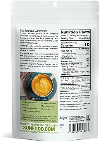 Sunfood Superfoods Organic Turmeric Root Powder - 100% Pure Medicinal Herb with Curcumin - 4 oz Bag