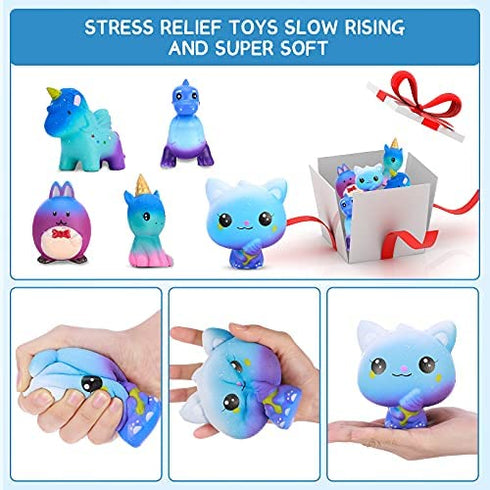 Jumbo Squishy Toys for Kids 5 Pack - Squishes Slow Rising Animal Gift Set Include Cat, Unicorn, Dinosaur, Rabbit & Elf, Creamy Scented Kawaii Soft Rebound Stress Reliever Sensory Toys Gift for Kids