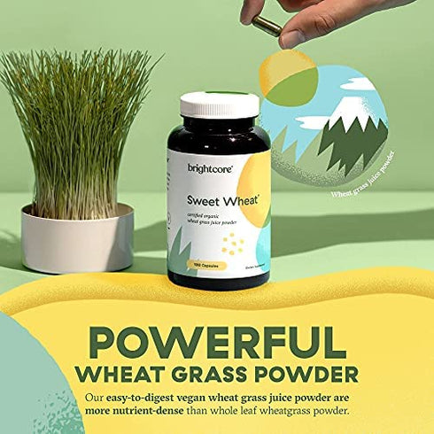 Brightcore Nutrition Sweet Wheat, Ready-to-Drink Athletic Greens, Super Greens with Digestive Enzymes for Digestive Health and Immune Boost, 180 Wheatgrass Juice Powder Capsules