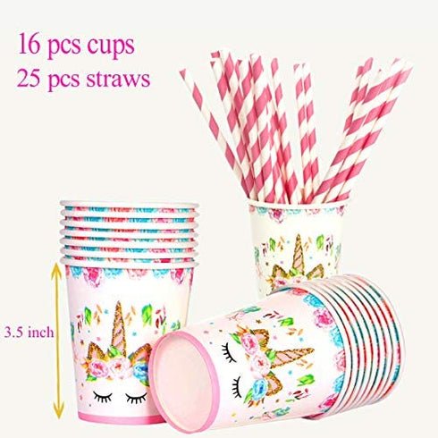 Unicorn Themed Party Supplies Set,Unicorn Cake Plates,Cups,Napkins,Tablecloth,Straws&Decoration,Paper Disposable Tableware Set for Girls Children Birthday Party or First,Baby Shower, Serves 16 Guests