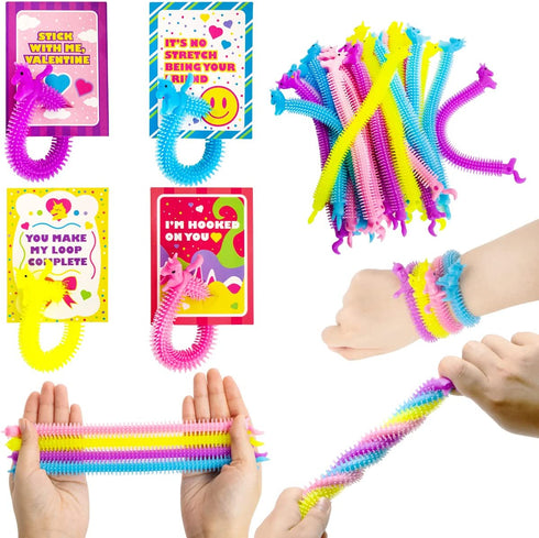 JOYIN 28 Pack Valentines Cards with Stretchy String Toy Set, Sensory Stress Relief Fidget Toys for Kids Valentine Party Favors, Valentine™s Greeting Cards