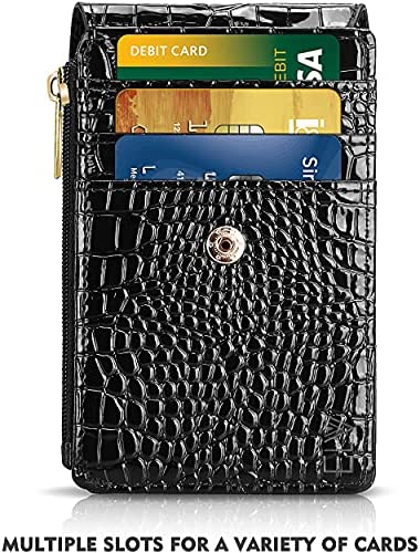 ELV Badge Holder with Zipper, PU Leather ID Badge Card Holder Wallet with 5 Card Slots, 1 Side RFID Blocking Pocket and 20 inch Neck Lanyard Strap for Offices ID, School ID, Driver Licence