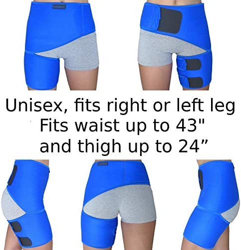 ROXOFIT Hip Brace - Hamstring Thigh Compression Support - Sciatica Pain Relief Brace - Wrap for Hip Flexor Strain, Groin Pull, SI Joint, Arthritis, Bursitis, Sciatic Nerve for Men, Women (Blue)