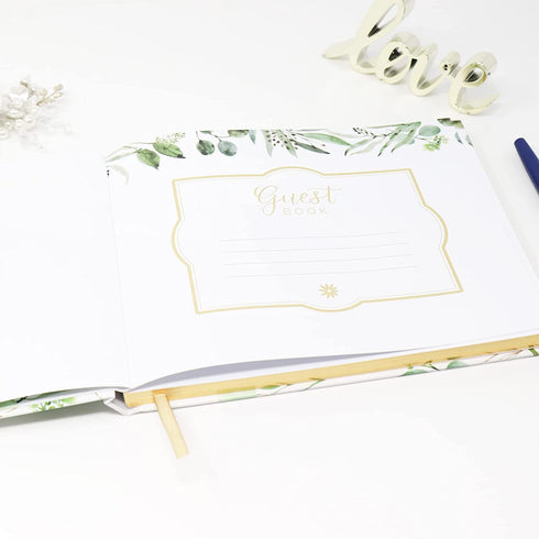 bloom daily planners Wedding Guest Book (120 Pages) Guest Sign-in Book Guest Registry Guestbook - White Cover with Gold Foil, Gilded Edges and Gold Page Marker Hardbound 7" x 9" (Eucalyptus)